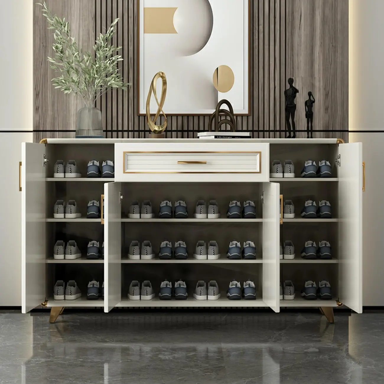 Glam White Metal Shoe Storage Cabinet with Drawer Image - 18 | homeyfad