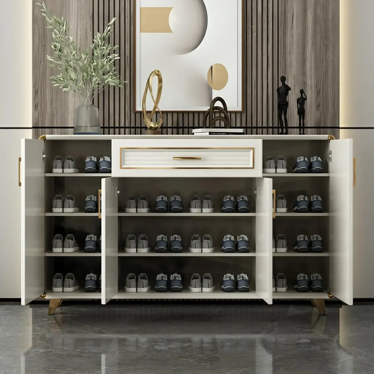 Glam White Metal Shoe Storage Cabinet with Drawer Image - 18