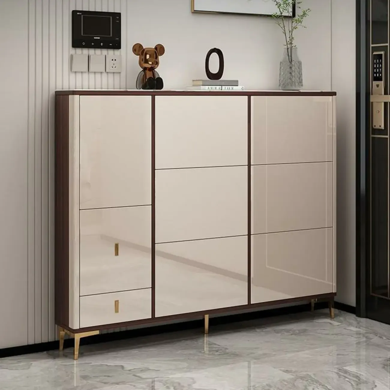 Rectangular Wood Entryway Beige Shoe Storage Cabinet Image - 1