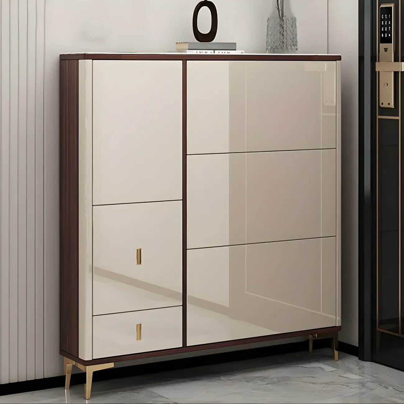 Rectangular Wood Entryway Beige Shoe Storage Cabinet Image - 3