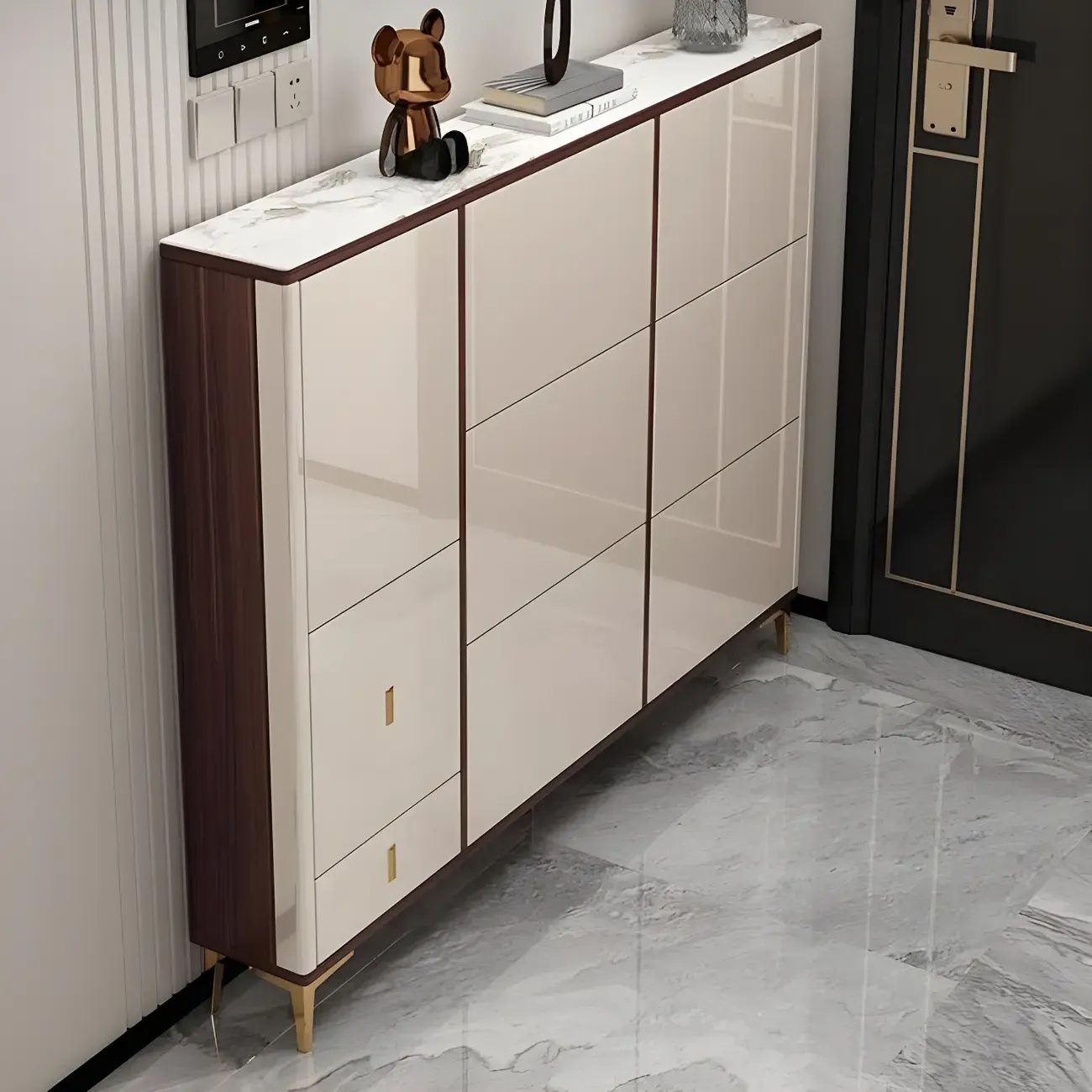 Rectangular Wood Entryway Beige Shoe Storage Cabinet Image - 4