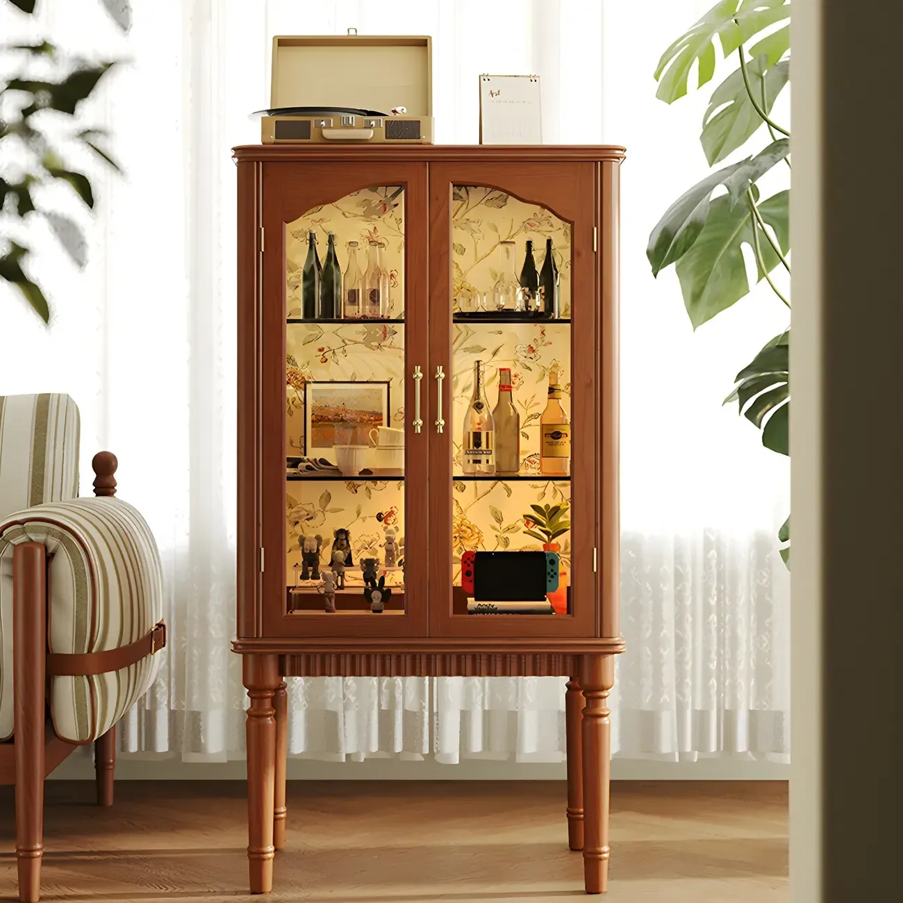 Retro Adjustable Cherry Wood Glass Doo Curio Cabinet Image - 1