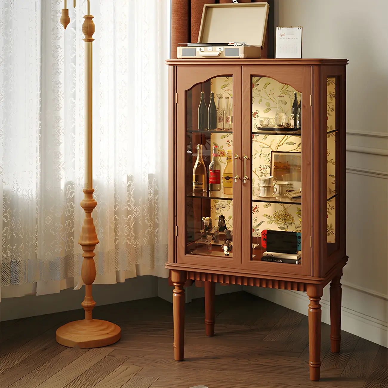 Retro Adjustable Cherry Wood Glass Doo Curio Cabinet Image - 2 | homeyfad