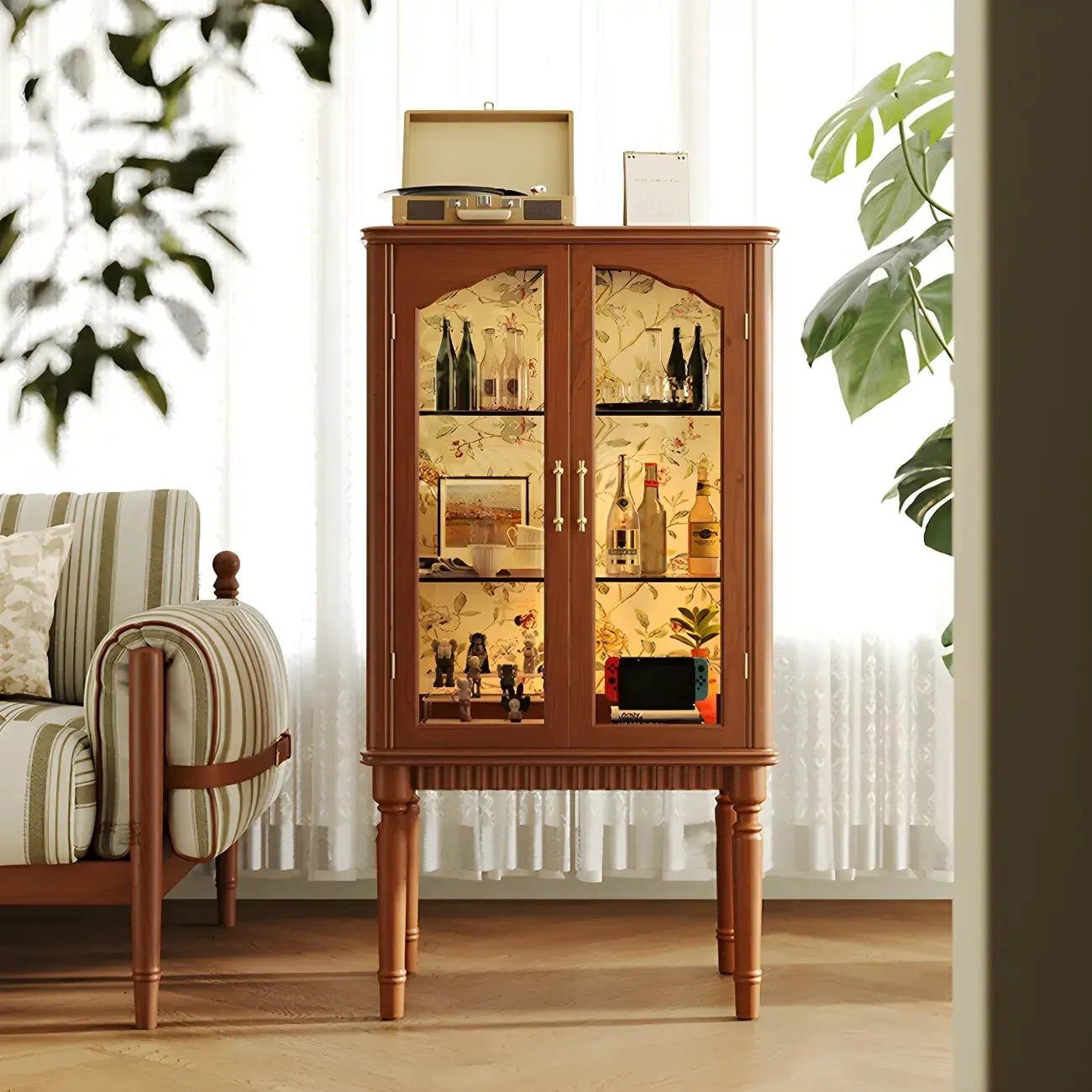 Retro Adjustable Cherry Wood Glass Doo Curio Cabinet | HomeyFad