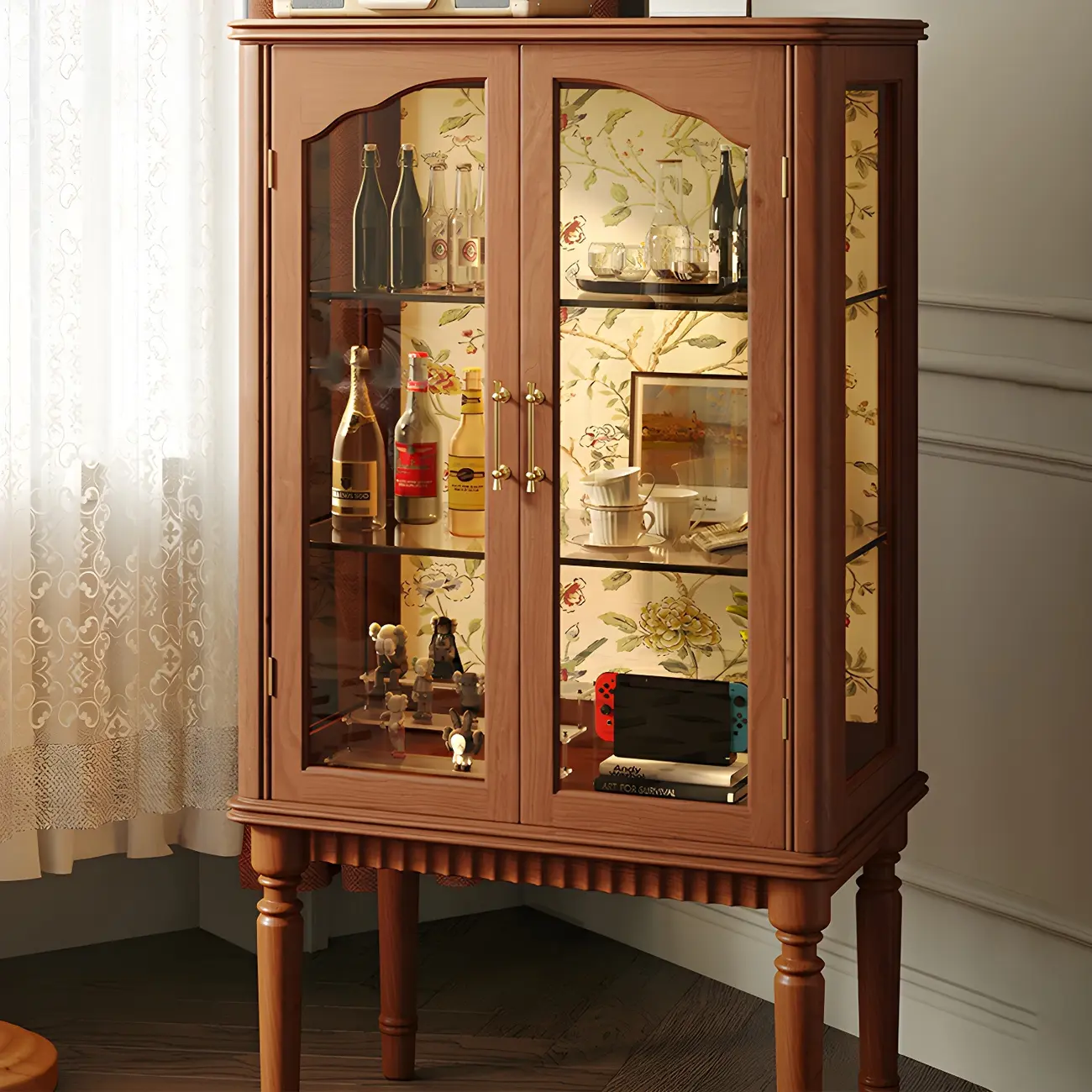 Retro Adjustable Cherry Wood Glass Doo Curio Cabinet Image - 5 | homeyfad