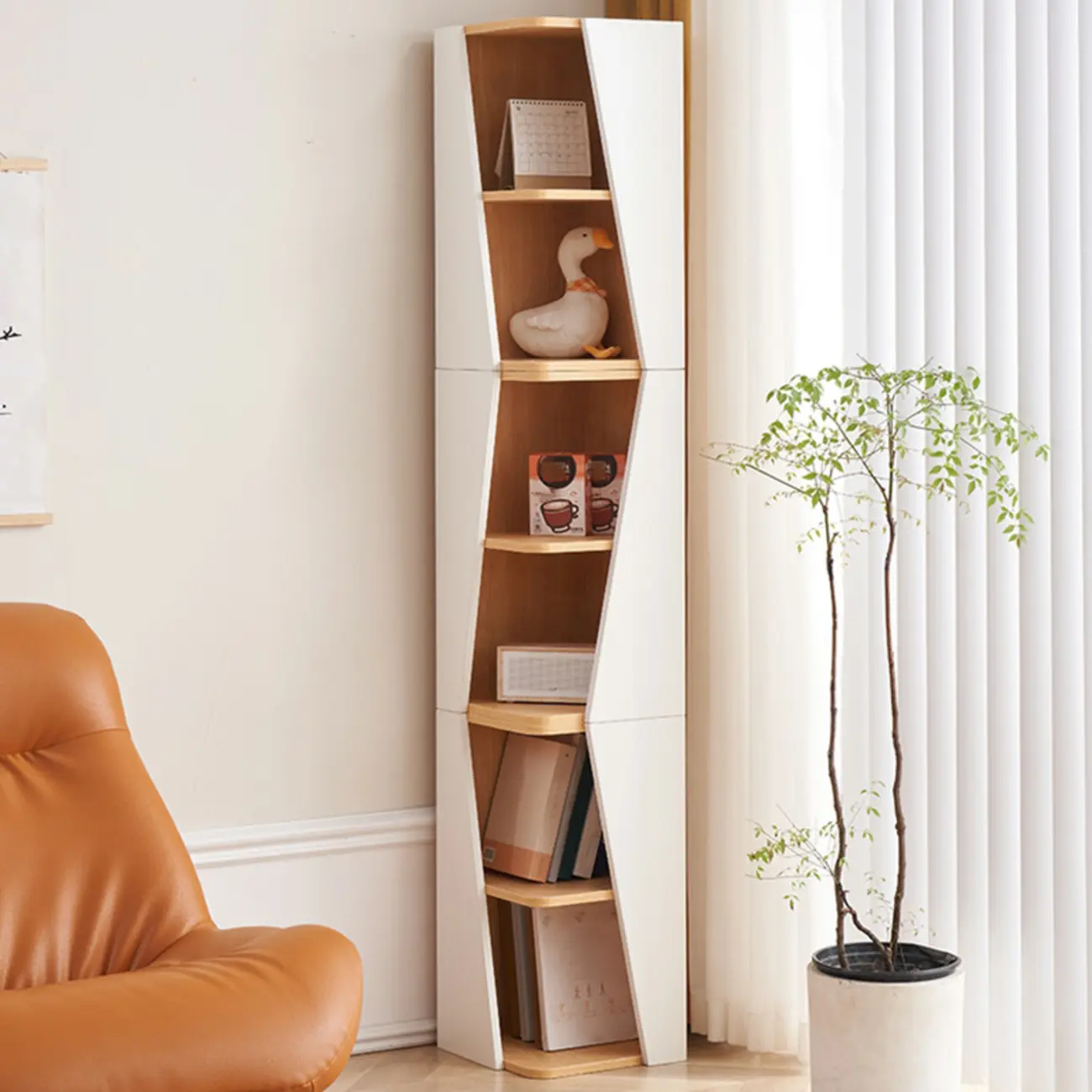 Modern White Natural Wood Geometric Square Storage Cabinet Image - 2 | homeyfad