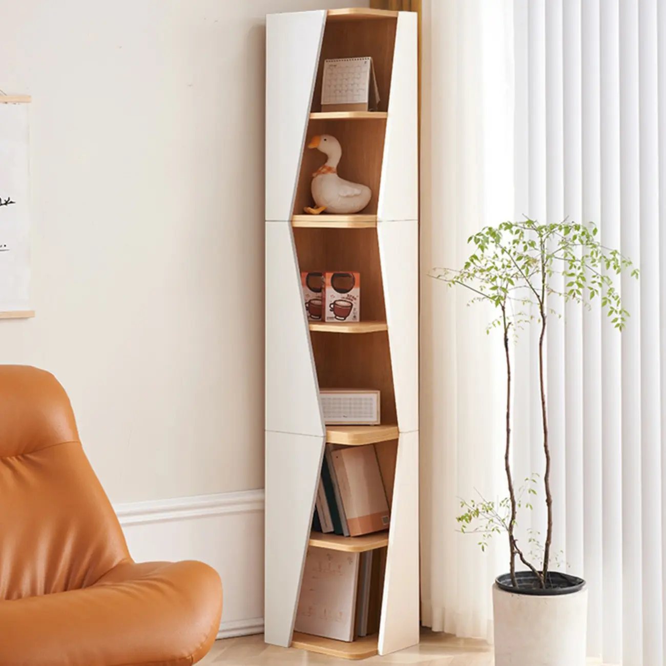 Modern White Natural Wood Geometric Square Storage Cabinet Image - 3 | homeyfad