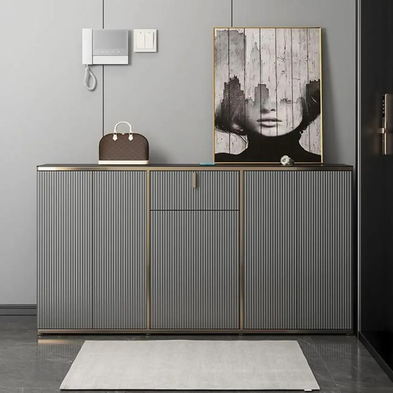 Large Entryway Shoe Cabinet Gray Textured Door Metal Legs Image - 3