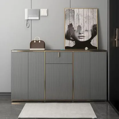 Large Entryway Shoe Cabinet Gray Textured Door Metal Legs Image - 3