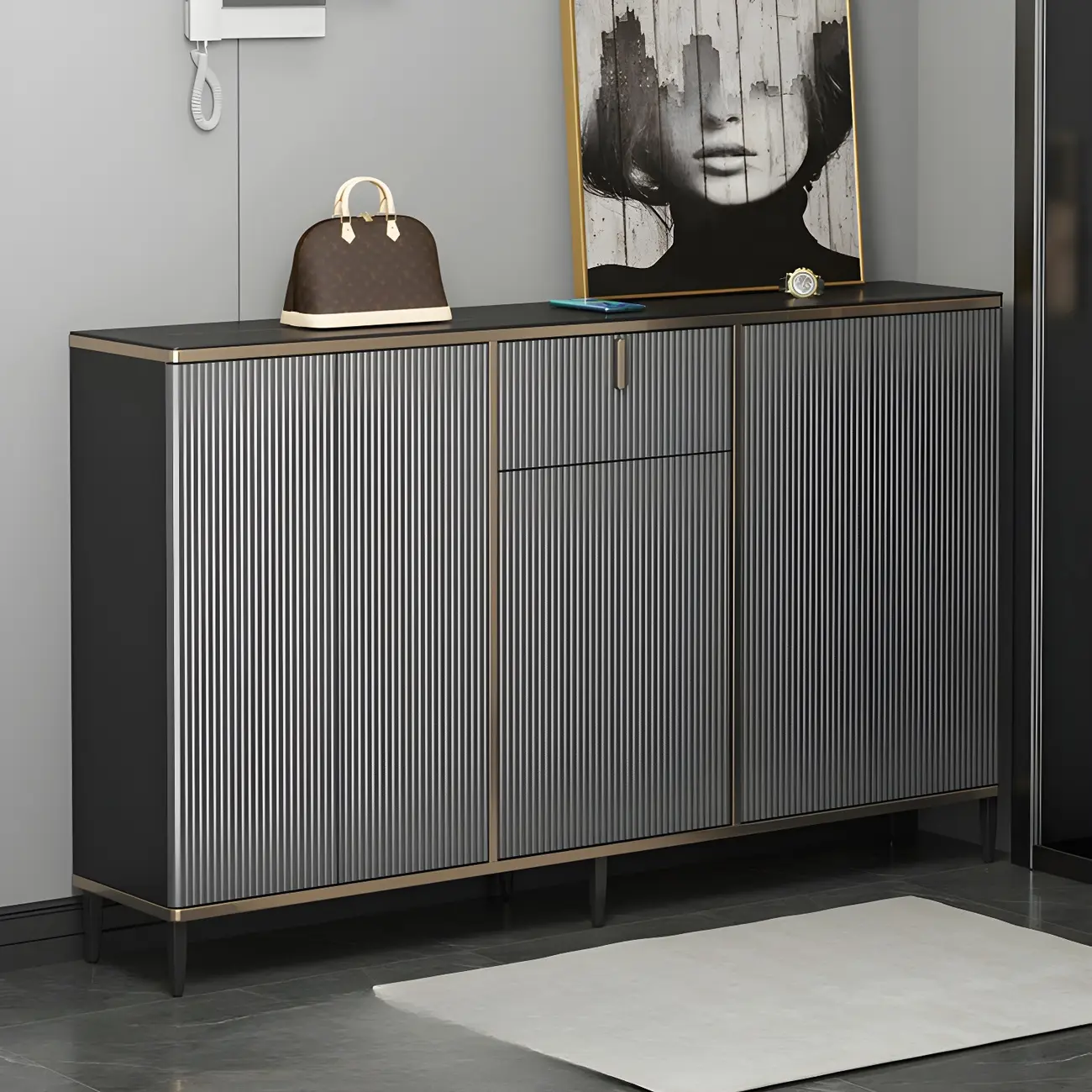 Large Entryway Shoe Cabinet Gray Textured Door Metal Legs Image - 1 | homeyfad