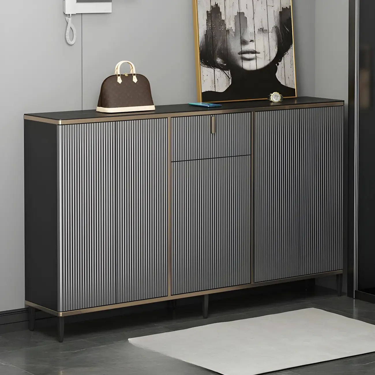 Large Entryway Shoe Cabinet Gray Textured Door Metal Legs Image - 1