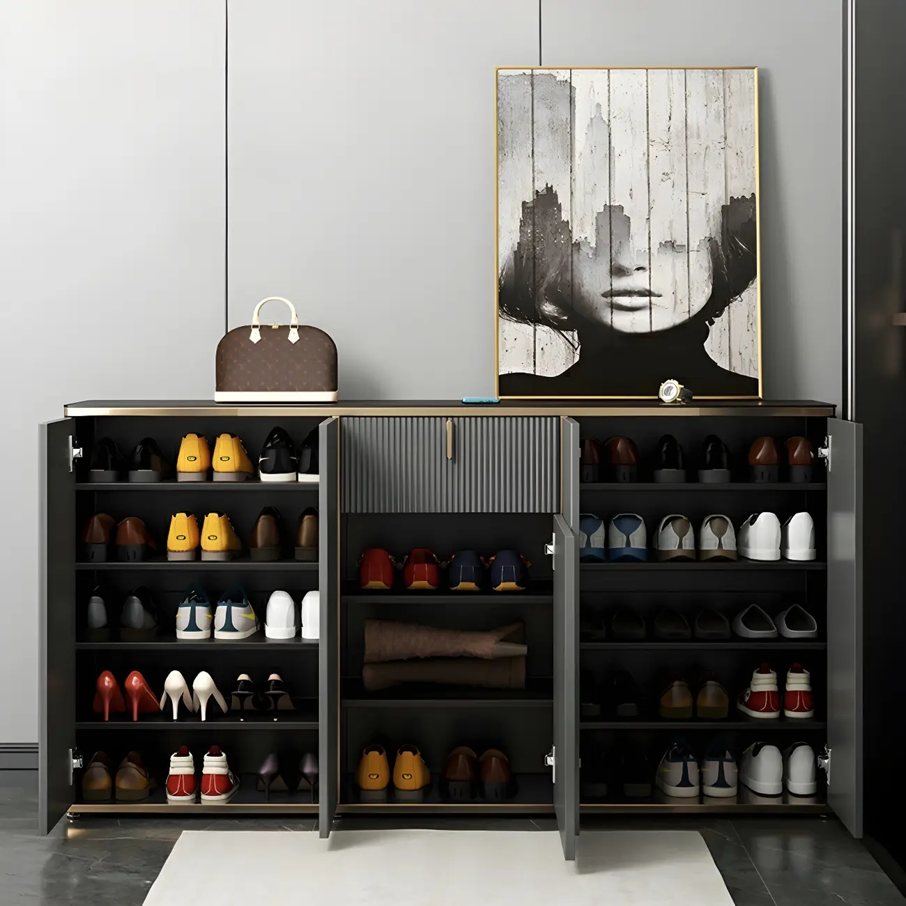 Large Entryway Shoe Cabinet Gray Textured Door Metal Legs Image - 2 | homeyfad