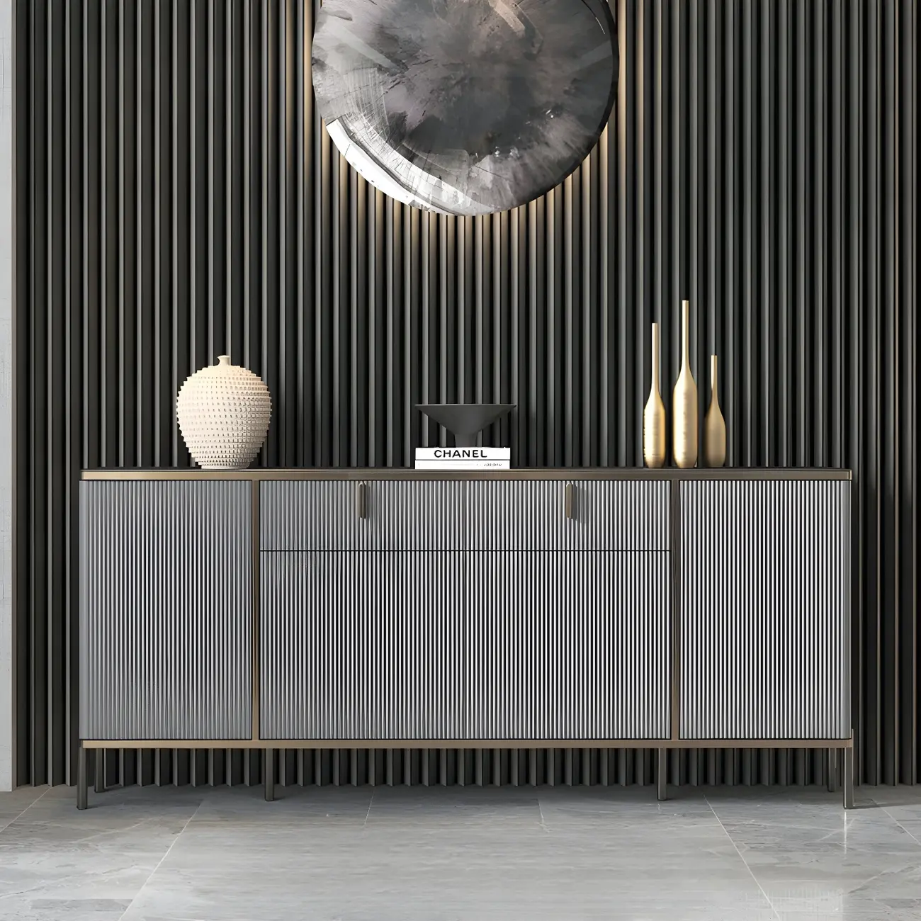 Large Entryway Shoe Cabinet Gray Textured Door Metal Legs Image - 8 | homeyfad