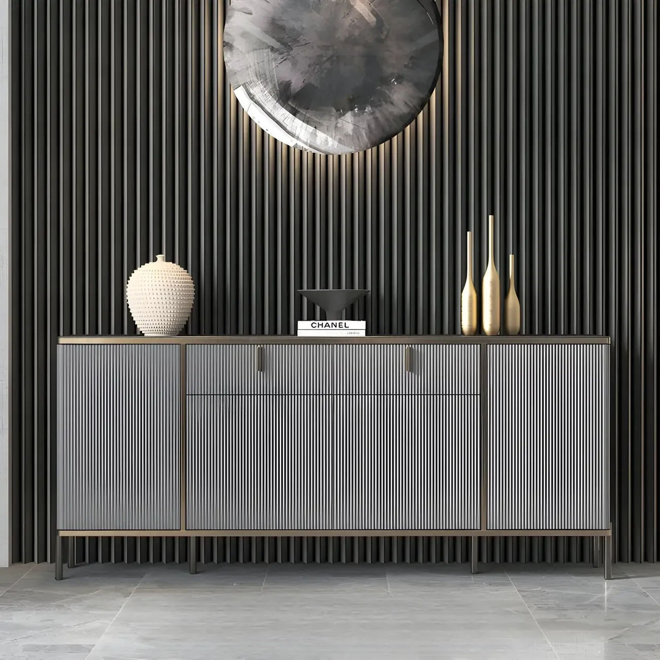 Large Entryway Shoe Cabinet Gray Textured Door Metal Legs Image - 8