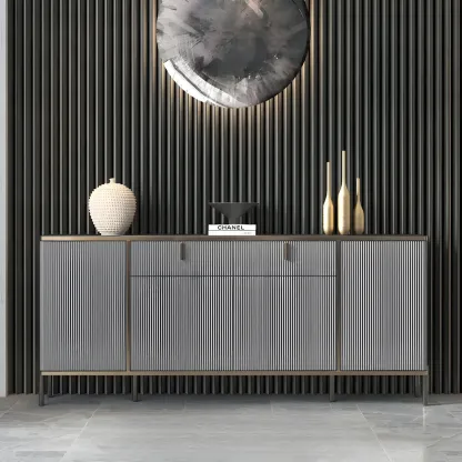 Large Entryway Shoe Cabinet Gray Textured Door Metal Legs Image - 8