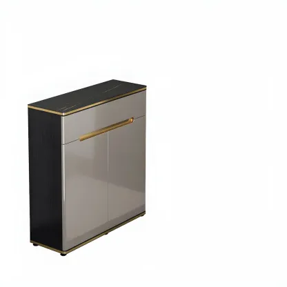 Large Entryway Shoe Cabinet Gray Textured Door Metal Legs Image - 9