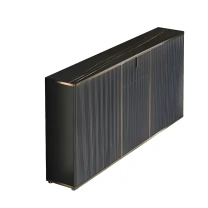 Large Entryway Shoe Cabinet Gray Textured Door Metal Legs Image - 10