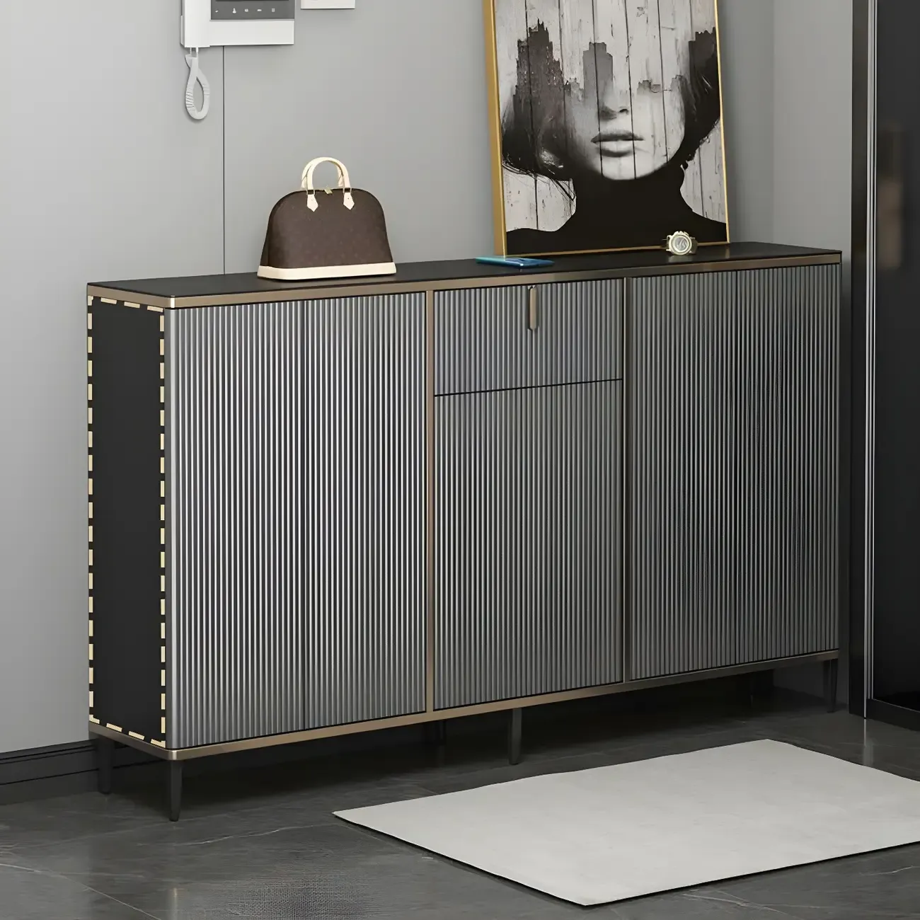 Large Entryway Shoe Cabinet Gray Textured Door Metal Legs Image - 12