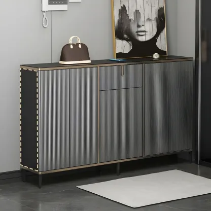 Large Entryway Shoe Cabinet Gray Textured Door Metal Legs Image - 12
