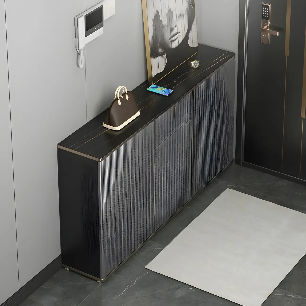 Large Entryway Shoe Cabinet Gray Textured Door Metal Legs Image - 14