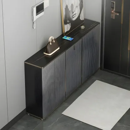 Large Entryway Shoe Cabinet Gray Textured Door Metal Legs Image - 14