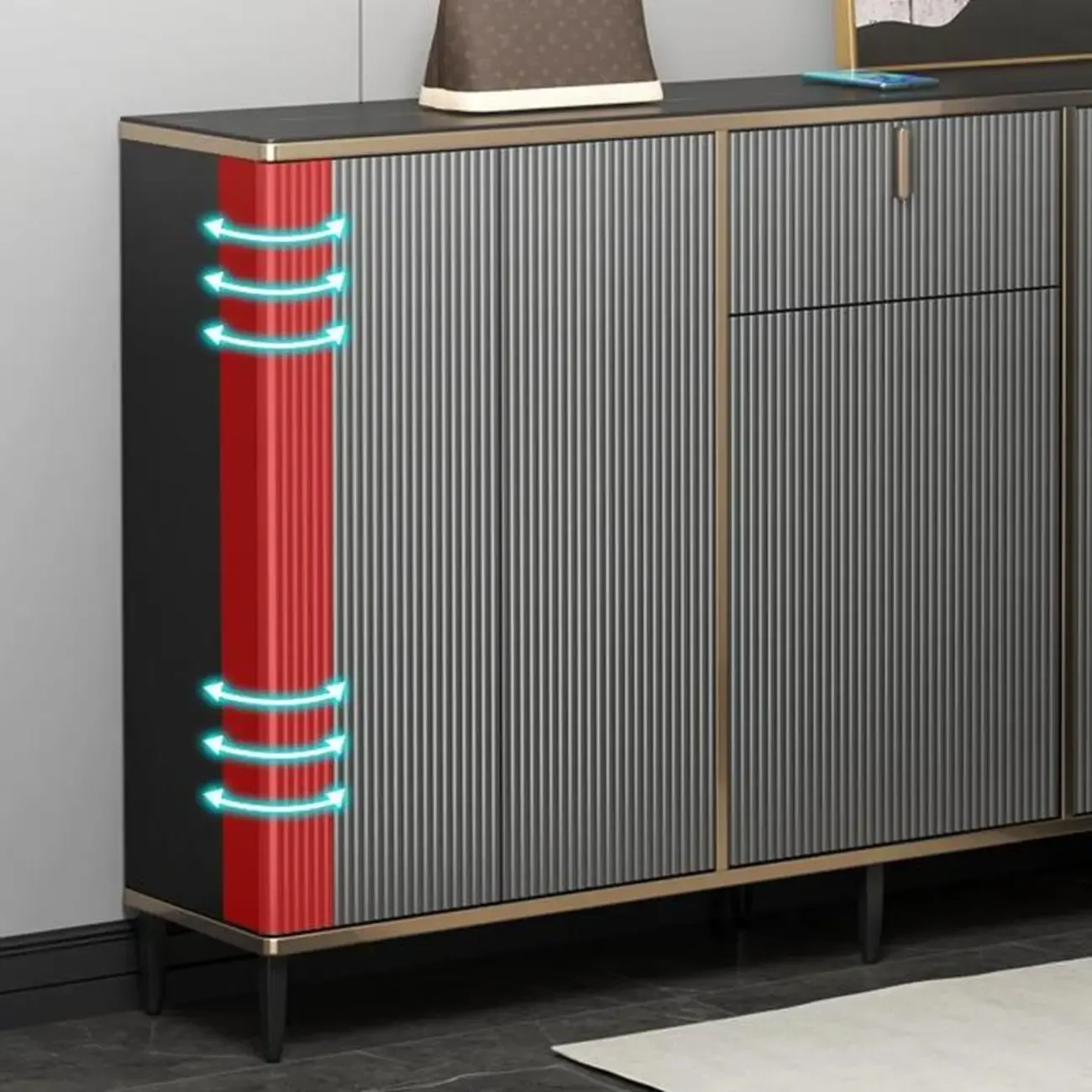 Large Entryway Shoe Cabinet Gray Textured Door Metal Legs Image - 17