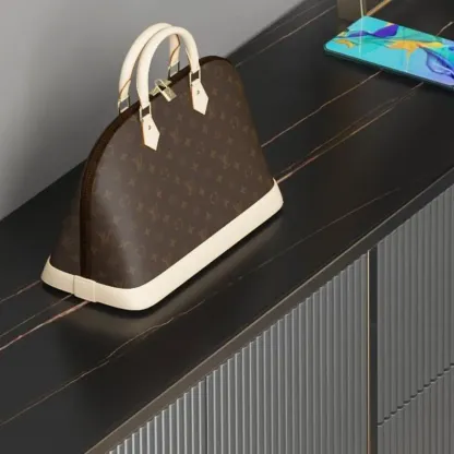 Large Entryway Shoe Cabinet Gray Textured Door Metal Legs Image - 20