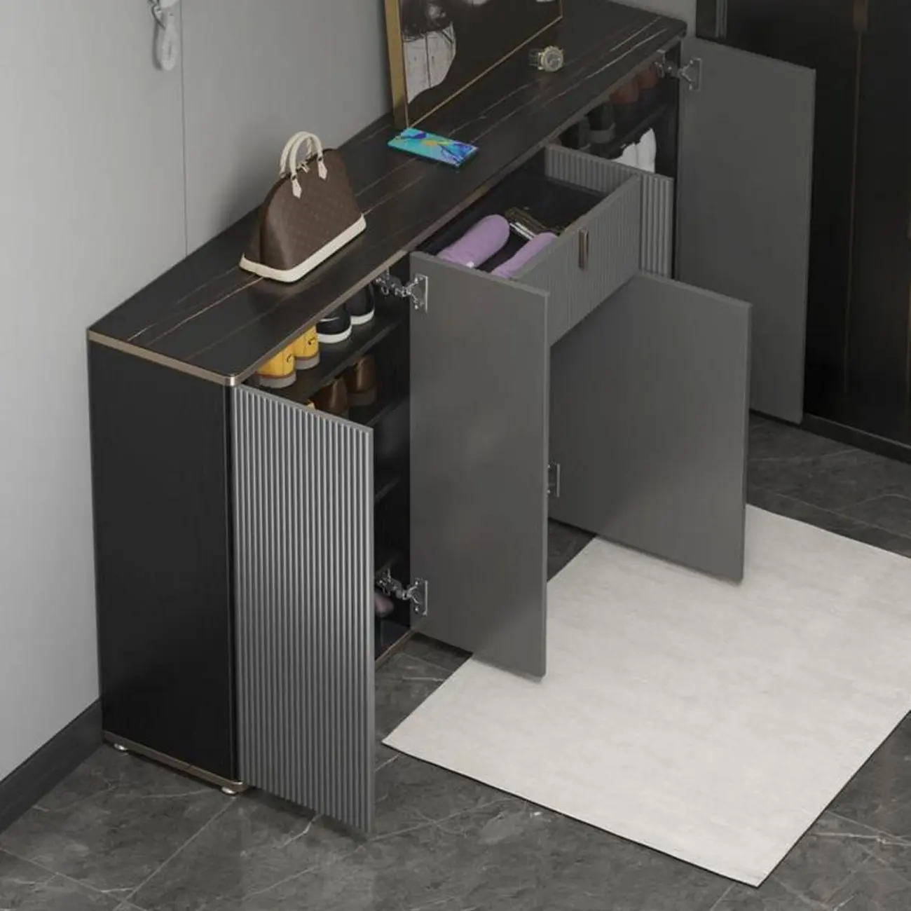 Large Entryway Shoe Cabinet Gray Textured Door Metal Legs Image - 21 | homeyfad