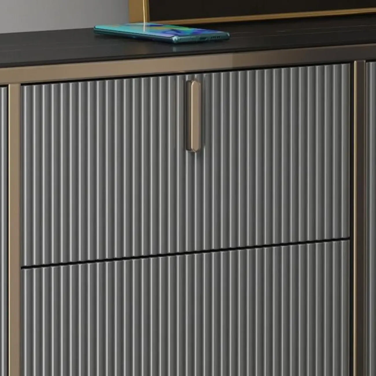 Large Entryway Shoe Cabinet Gray Textured Door Metal Legs Image - 23