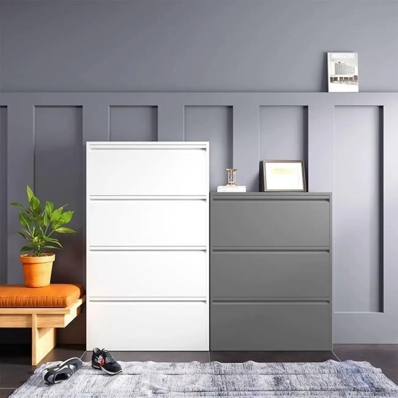 Grey Metal Entryway Wall Mounted Shoe Storage Cabinet Image - 3