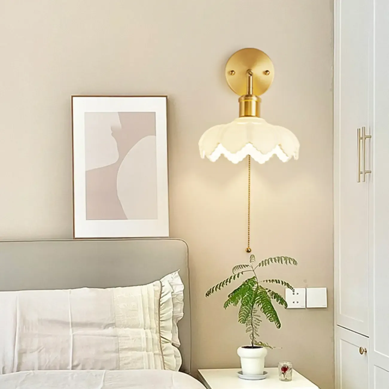 Modern Gold Wall Lamp with White Shade for Bedroom Image - 1