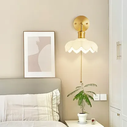 Modern Gold Wall Lamp with White Shade for Bedroom Image - 1