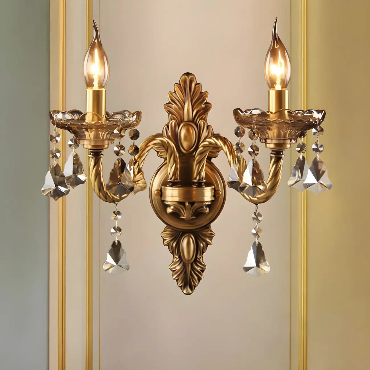 Vintage 2-Light Golden Crystal Candelabra Wall Sconce Image - 1 | homeyfad