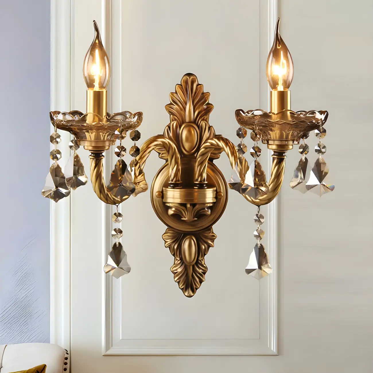 Vintage 2-Light Golden Crystal Candelabra Wall Sconce Image - 2 | homeyfad