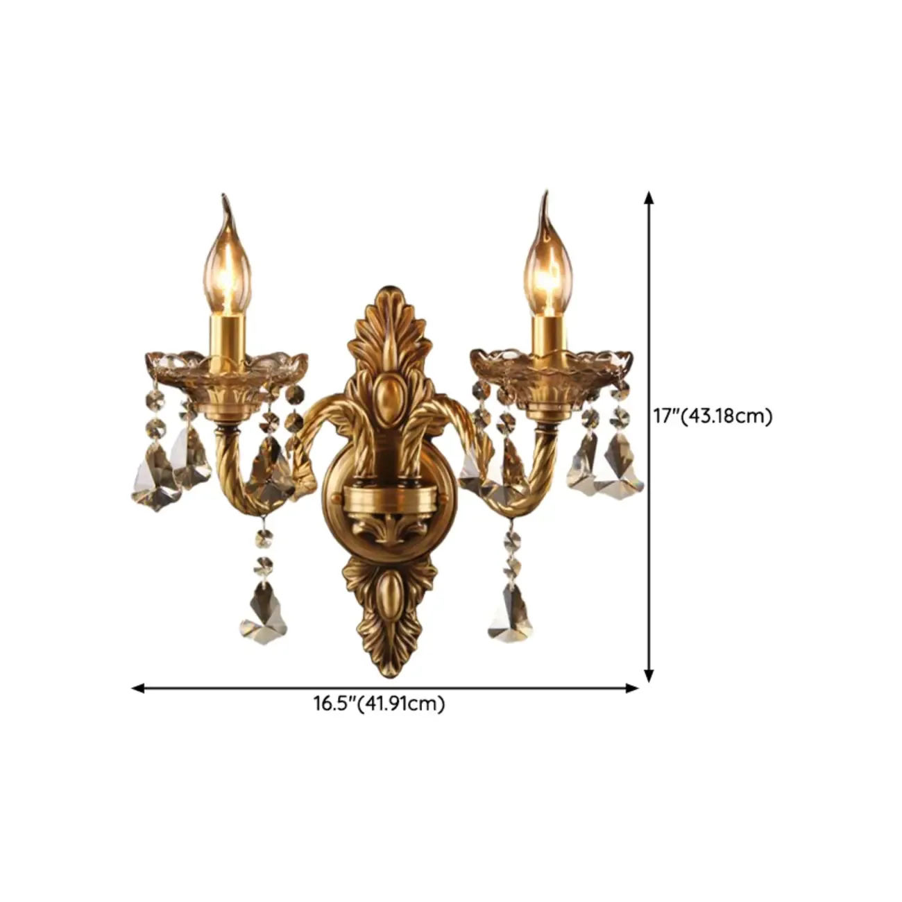 Vintage 2-Light Golden Crystal Candelabra Wall Sconce #size