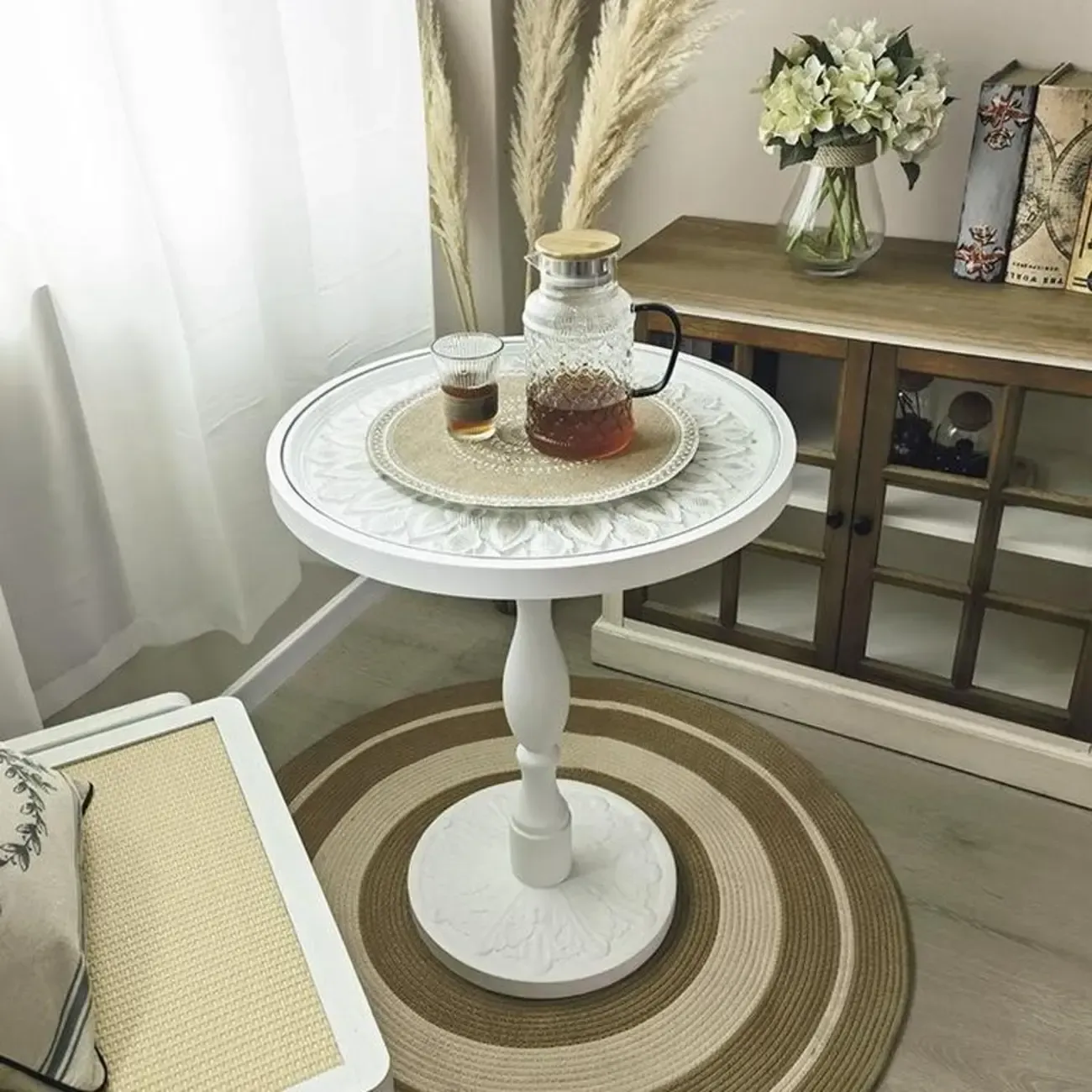 Curved Wooden Round Chairside End Table with Glass Top | HomeyFad