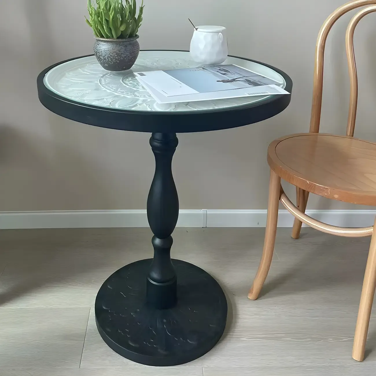 Retro Round Wooden End Table with Distressed Finish for Home Image - 6