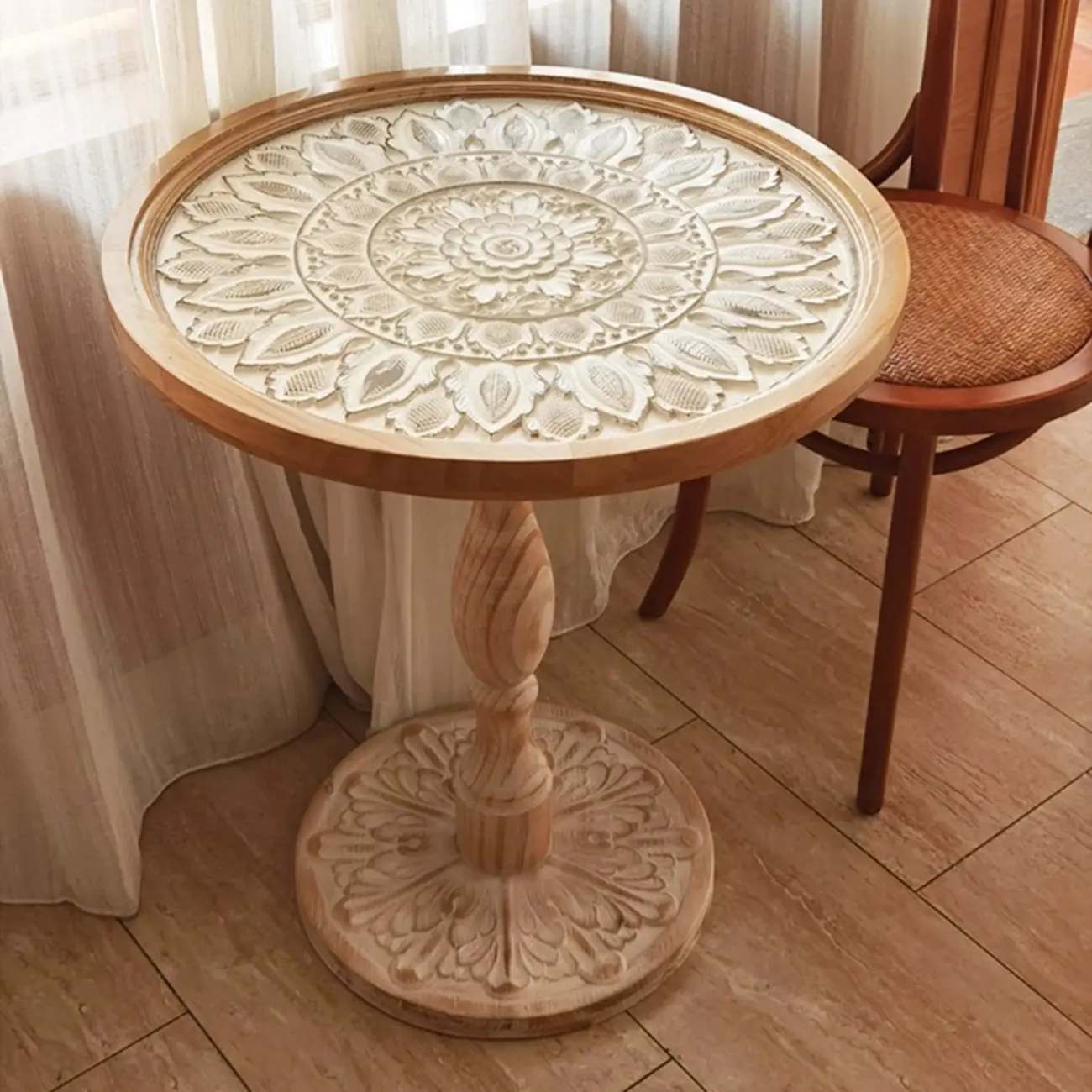 Retro Round Wooden End Table with Distressed Finish for Home Image - 2 | homeyfad