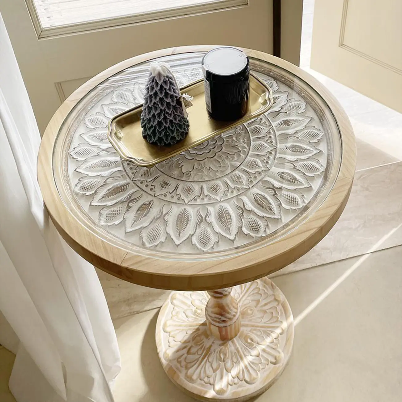 Retro Round Wooden End Table with Distressed Finish for Home Image - 4 | homeyfad