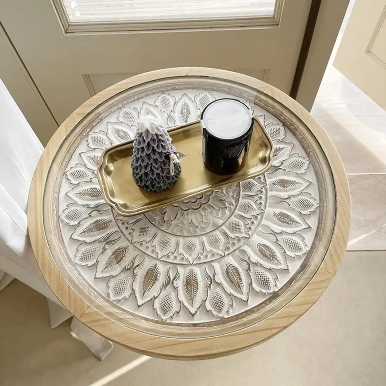 Retro Round Wooden End Table with Distressed Finish for Home Image - 7