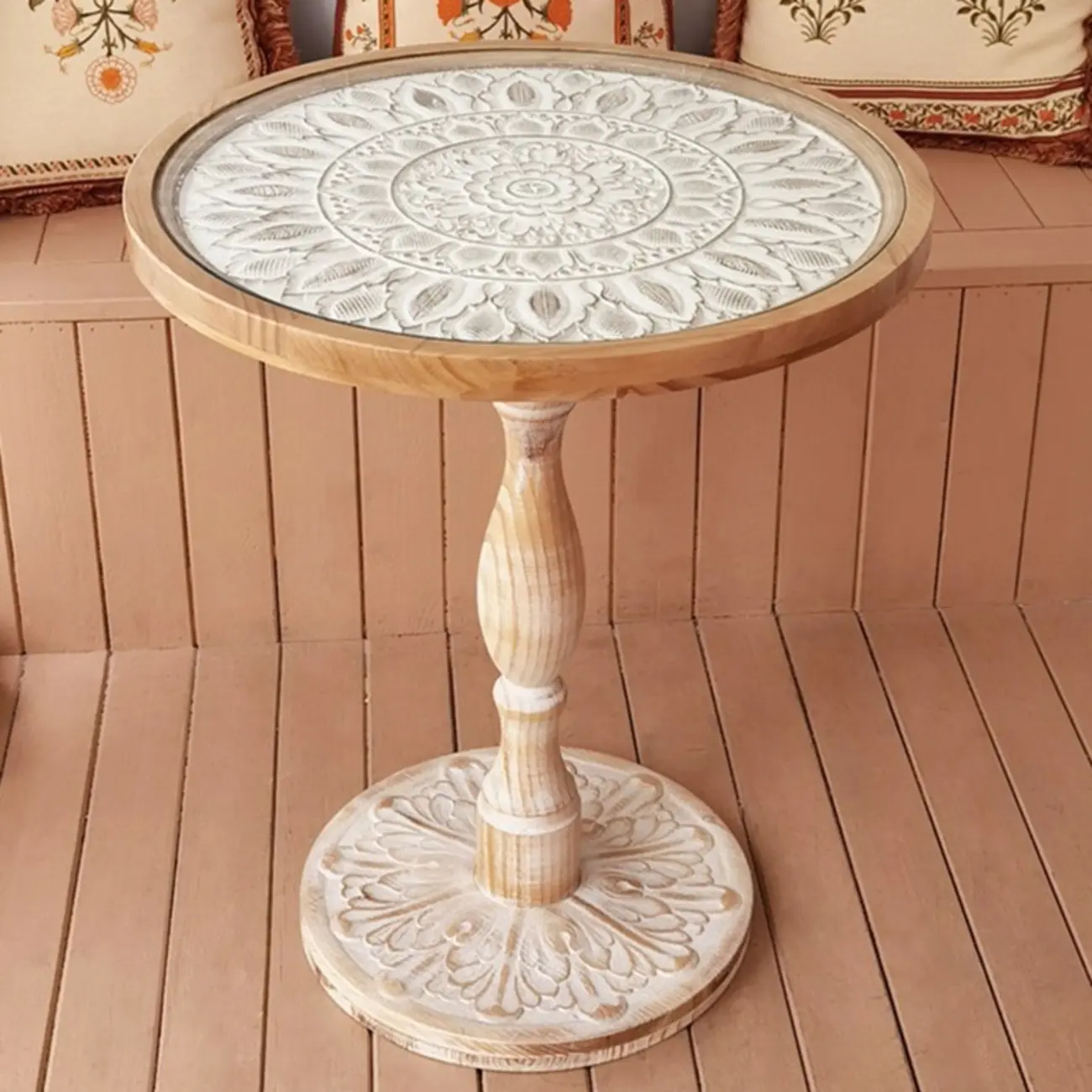 Retro Round Wooden End Table with Distressed Finish for Home Image - 10 | homeyfad