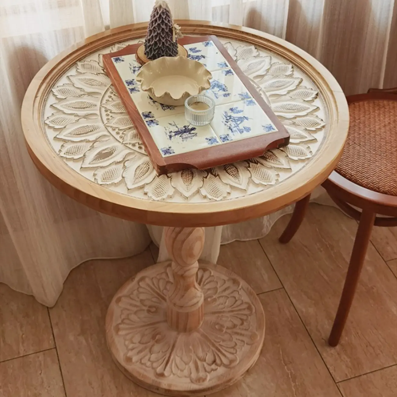 Retro Round Wooden End Table with Distressed Finish for Home Image - 3 | homeyfad