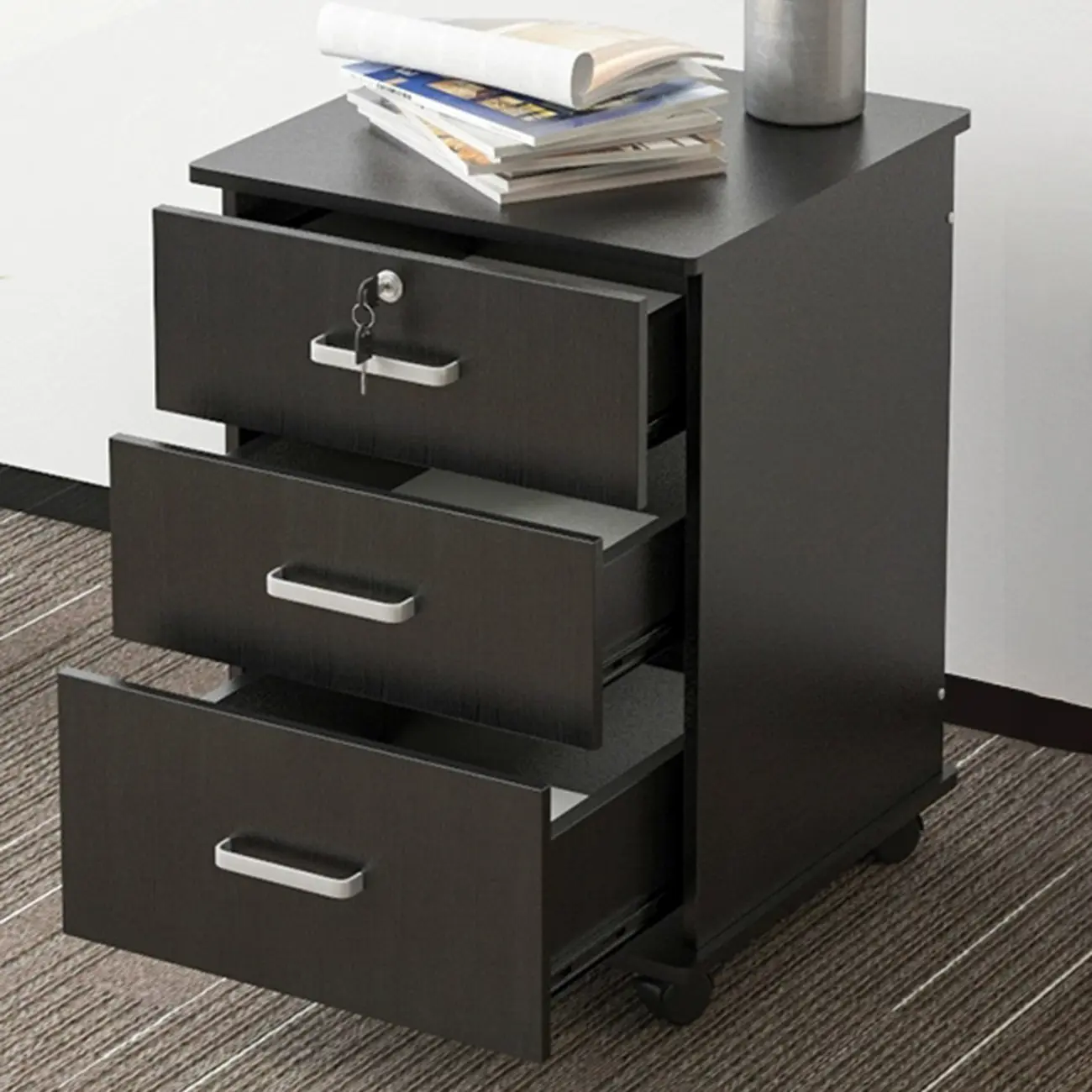 Contemporary Wooden Filing Cabinet with Wheels for Office Image - 6 | homeyfad