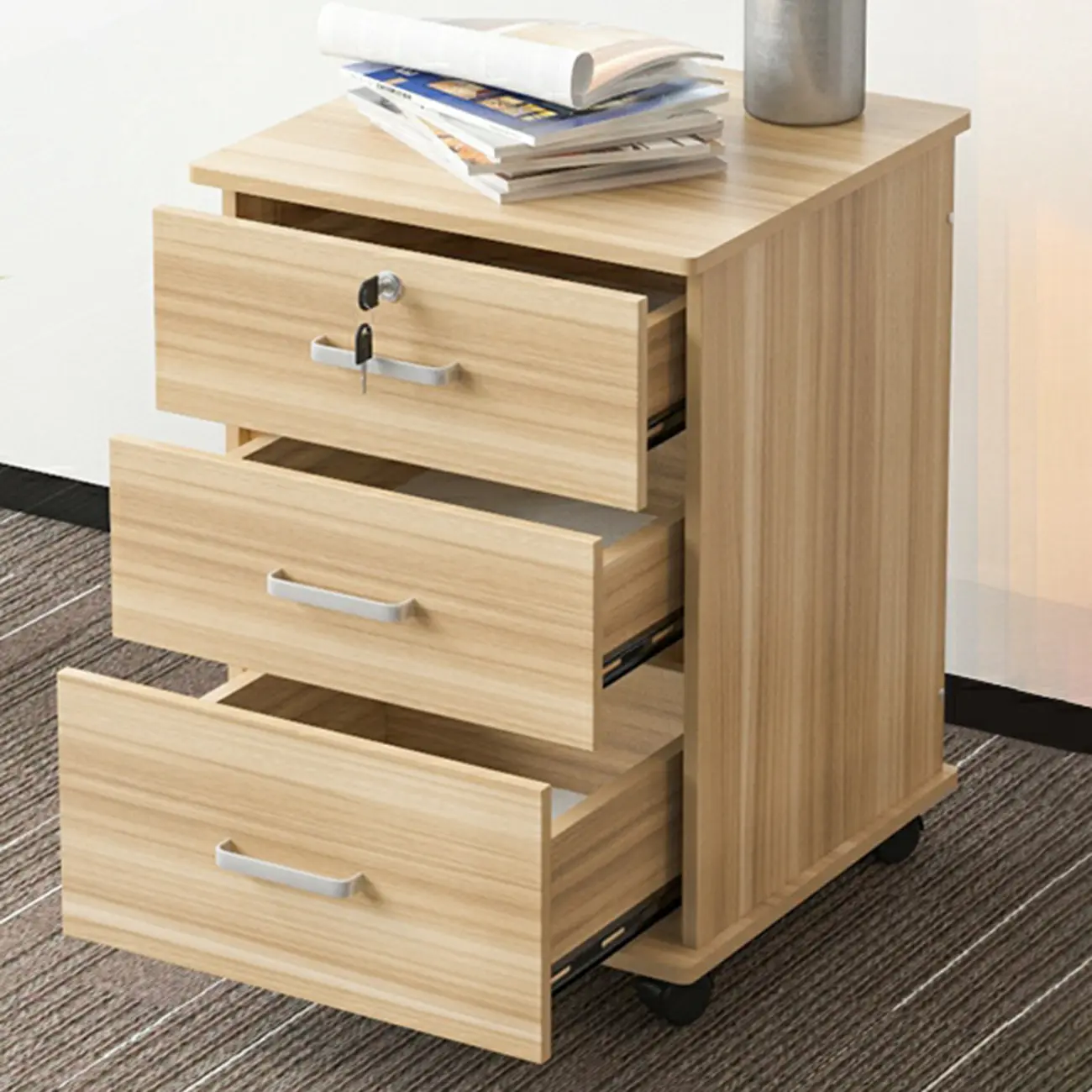 Contemporary Wooden Filing Cabinet with Wheels for Office Image - 5 | homeyfad