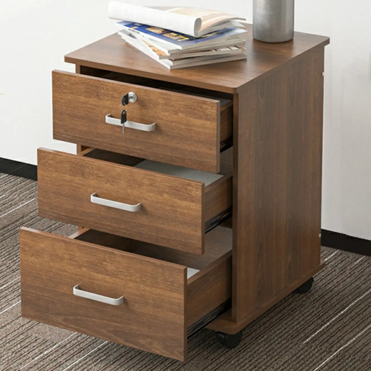 Contemporary Wooden Filing Cabinet with Wheels for Office Image - 7 | homeyfad