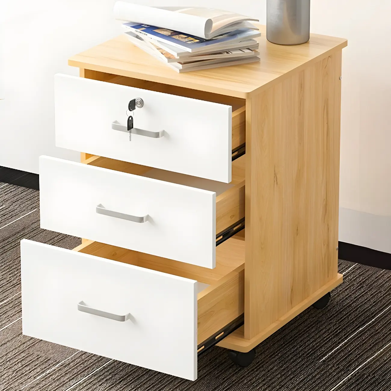 Contemporary Wooden Filing Cabinet with Wheels for Office Image - 4 | homeyfad