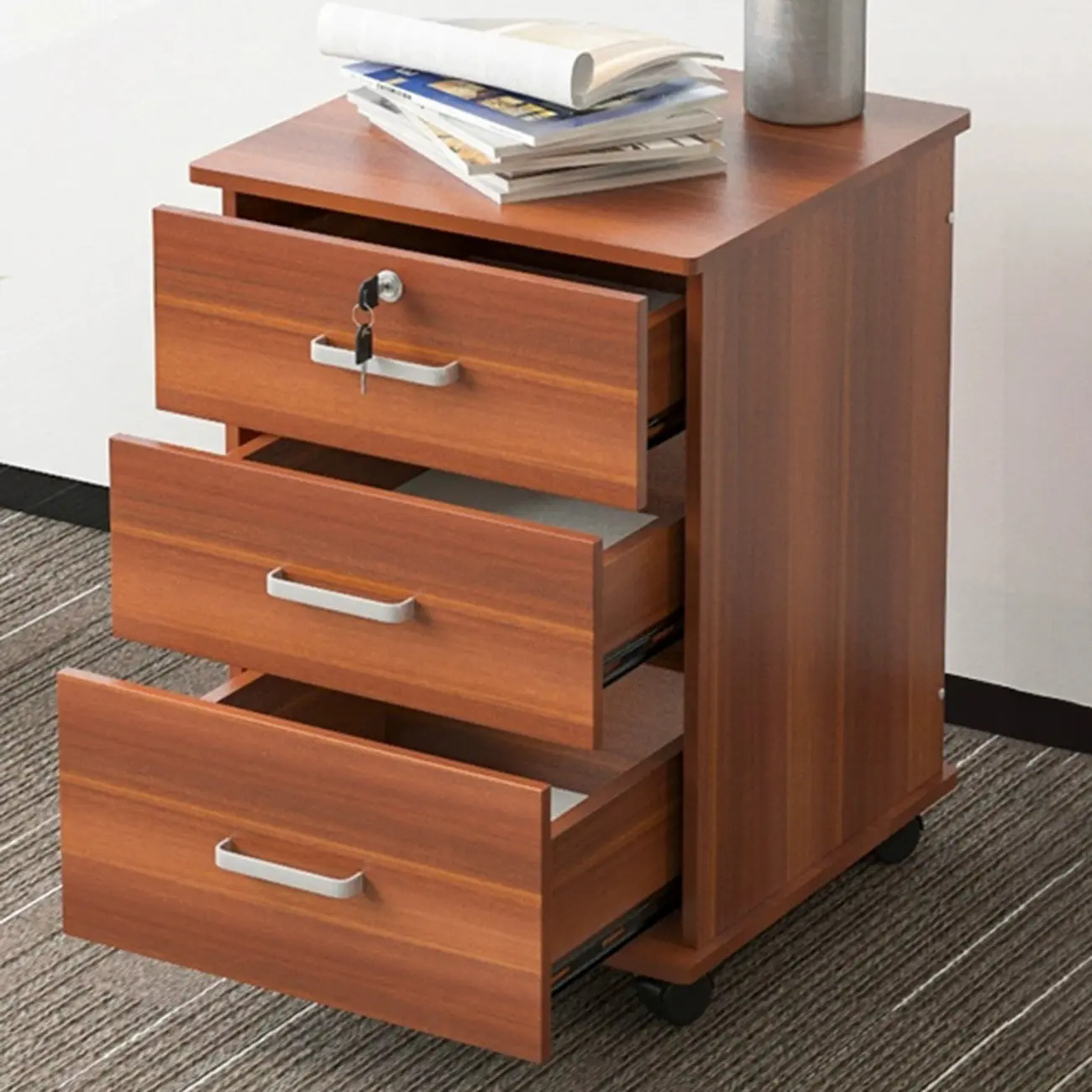 Contemporary Wooden Filing Cabinet with Wheels for Office Image - 8 | homeyfad