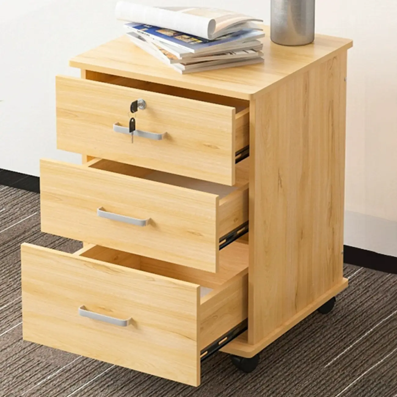 Contemporary Wooden Filing Cabinet with Wheels for Office Image - 10 | homeyfad