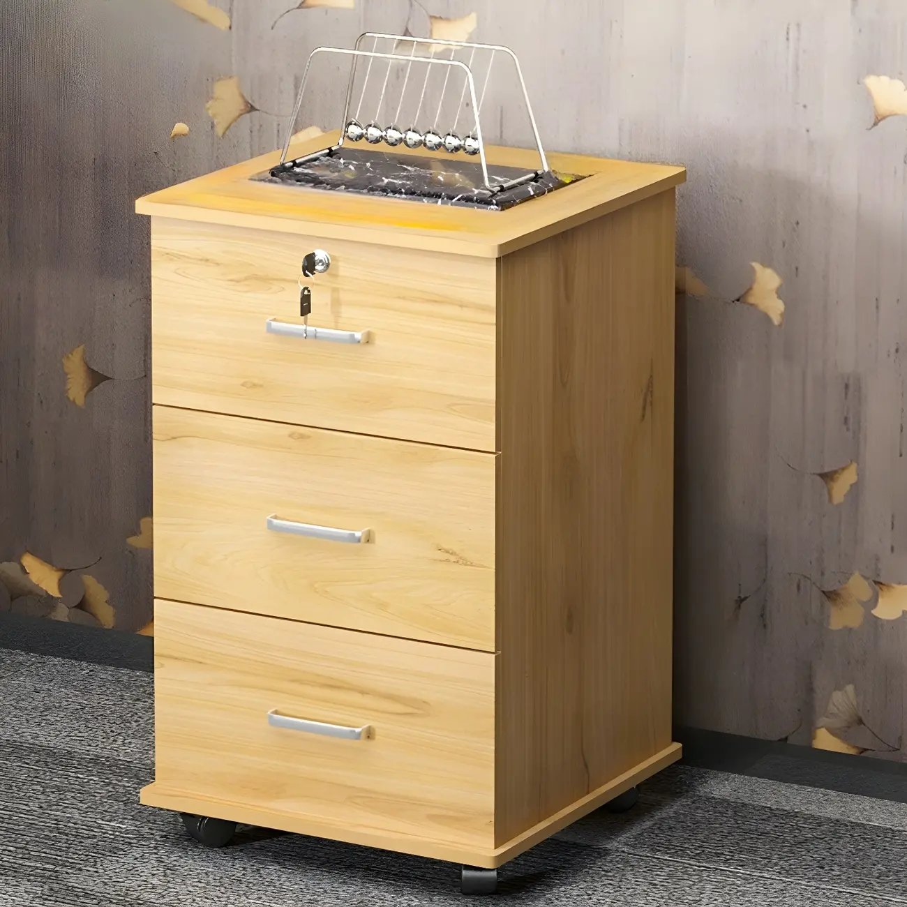 Contemporary Wooden Filing Cabinet with Wheels for Office Image - 12 | homeyfad