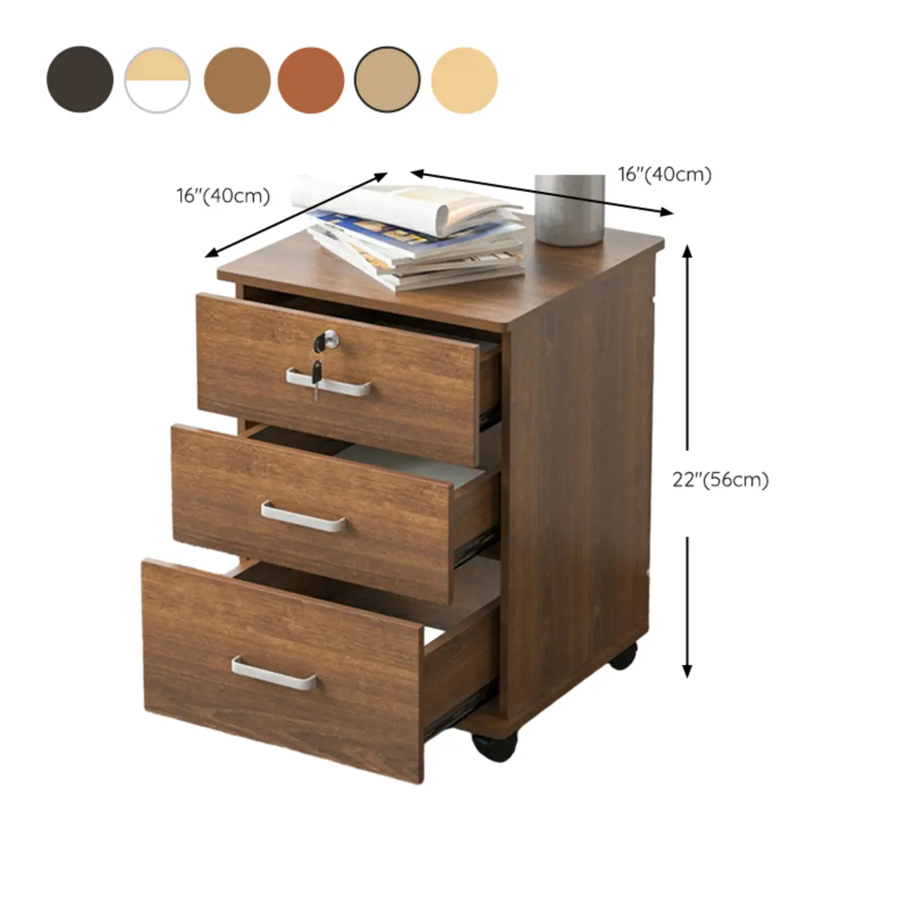 Lokable Brown-White Wood 3 Drawers Mobile Filing Cabinet #size
